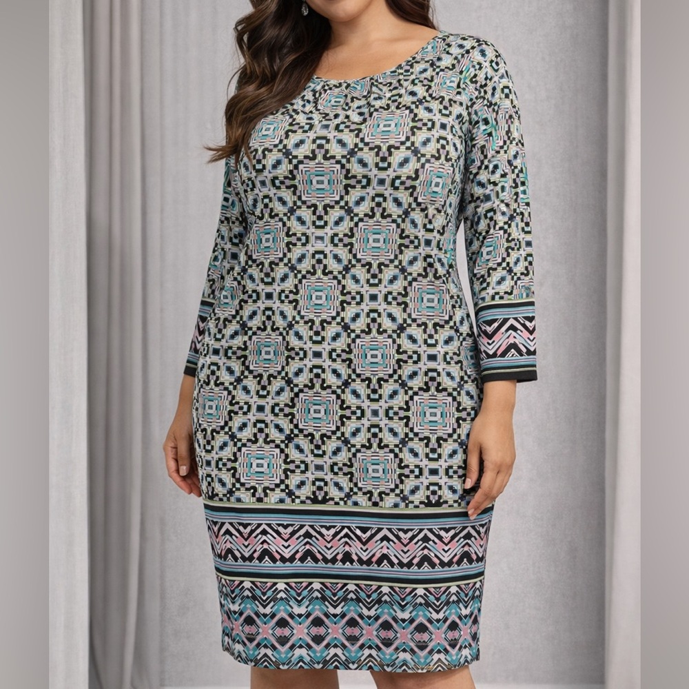 Geometric Print Long Sleeve Dress in Teal & Black